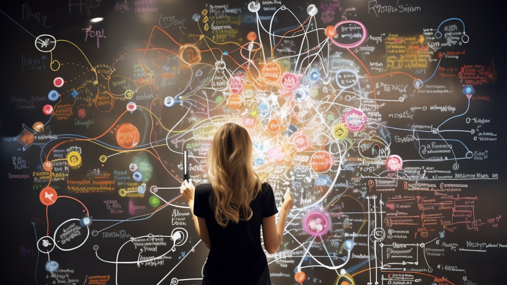 Kvinna i svart klänning står vid en digital blackboard med brainstorm anteckningar