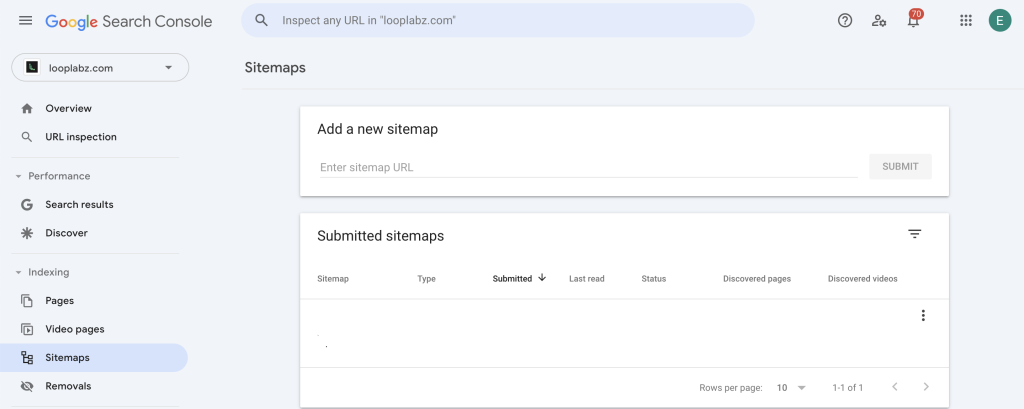 Screenshot av Google search console sitemap verktyg